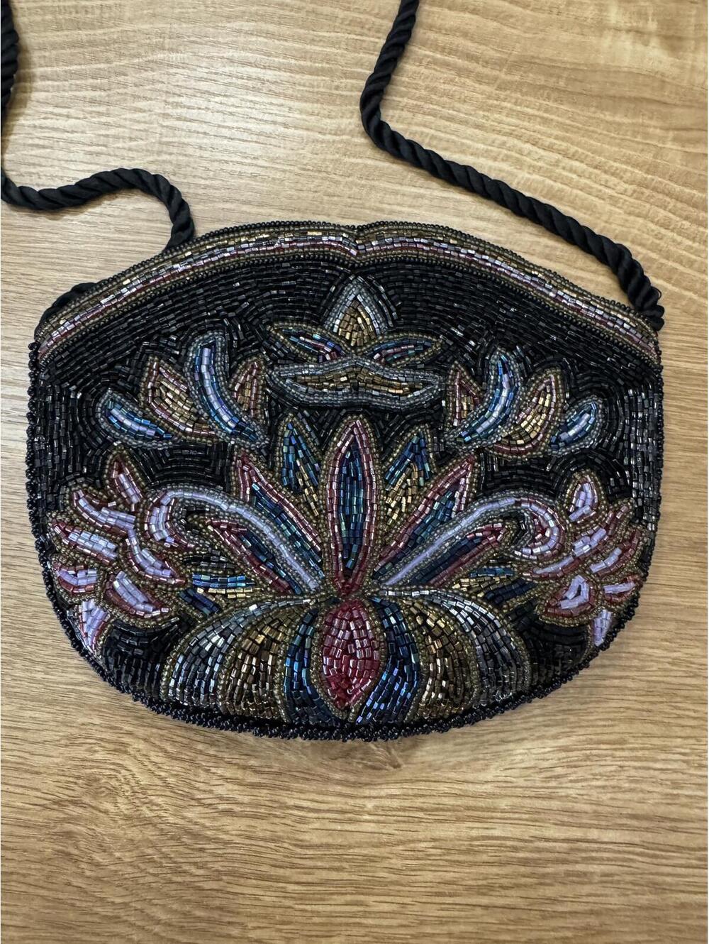 Vintage Handmade Beaded Evening Purse Black Floral Art Deco Rope Strap Bag
